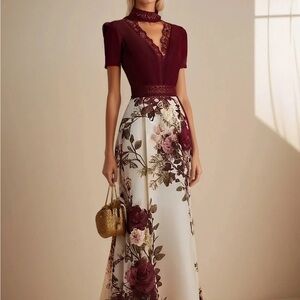 NWT Never Been Worn Elegant Floral and Lace Burgundy and Cream Dress